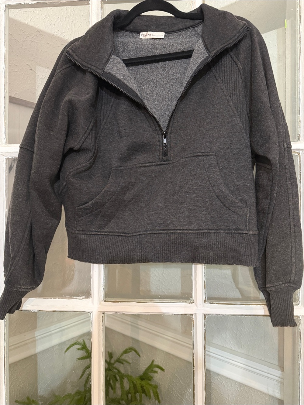 Zenana Cropped Grey Half-Zip Hoodie Sweater - Women